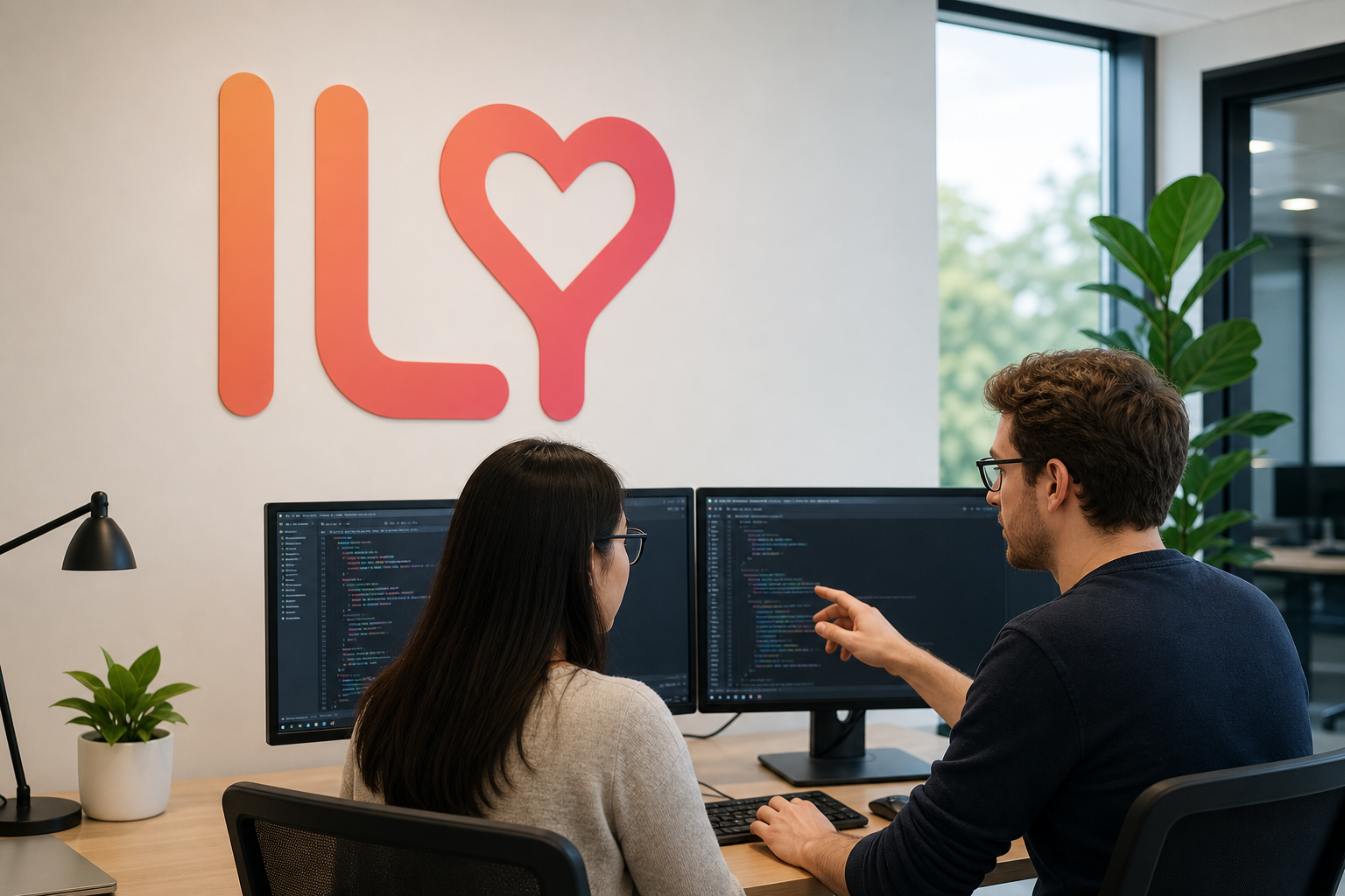 Three ILY engineers pair-programming together at a desk
