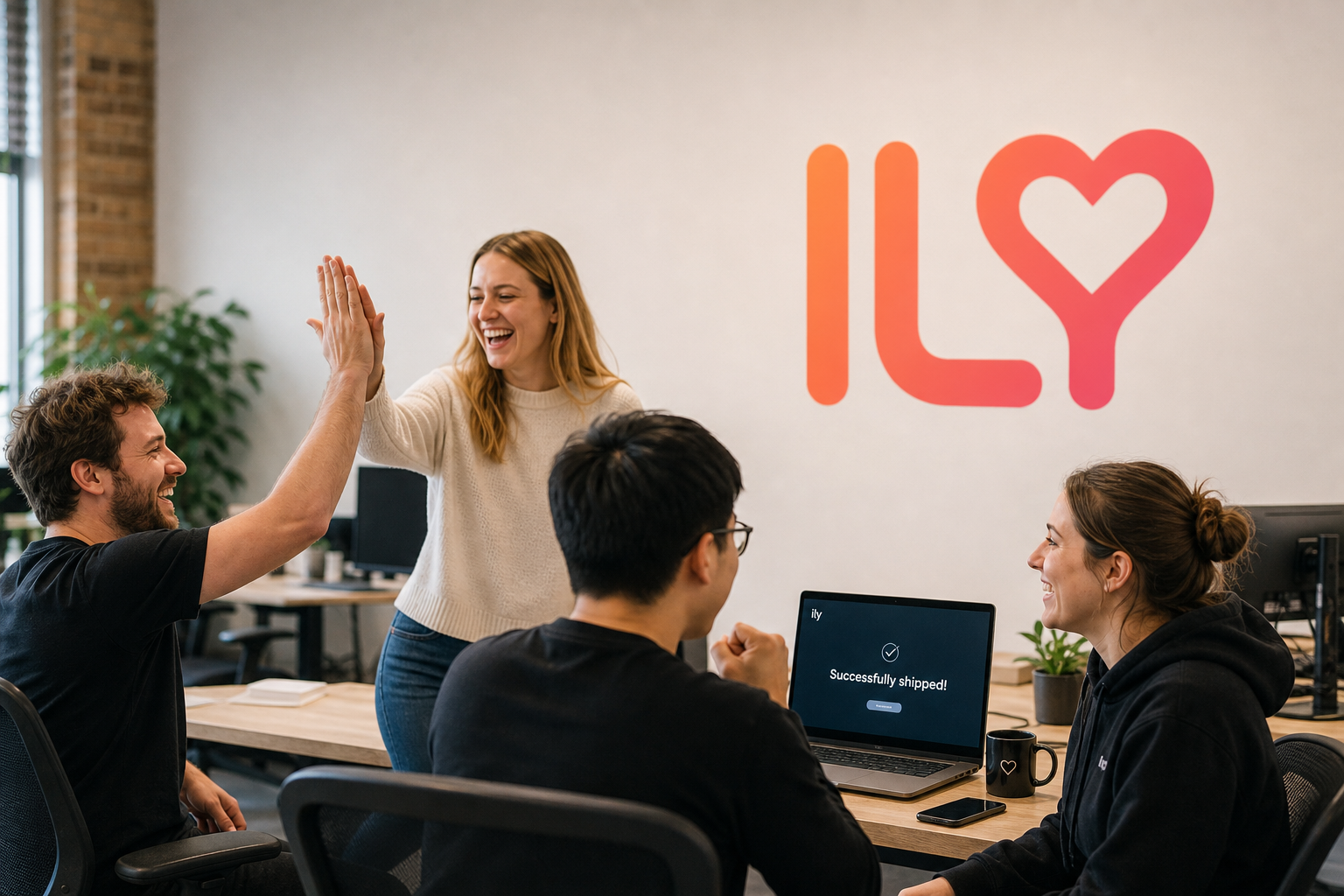 ILY teammates celebrating a shipping moment together in the office